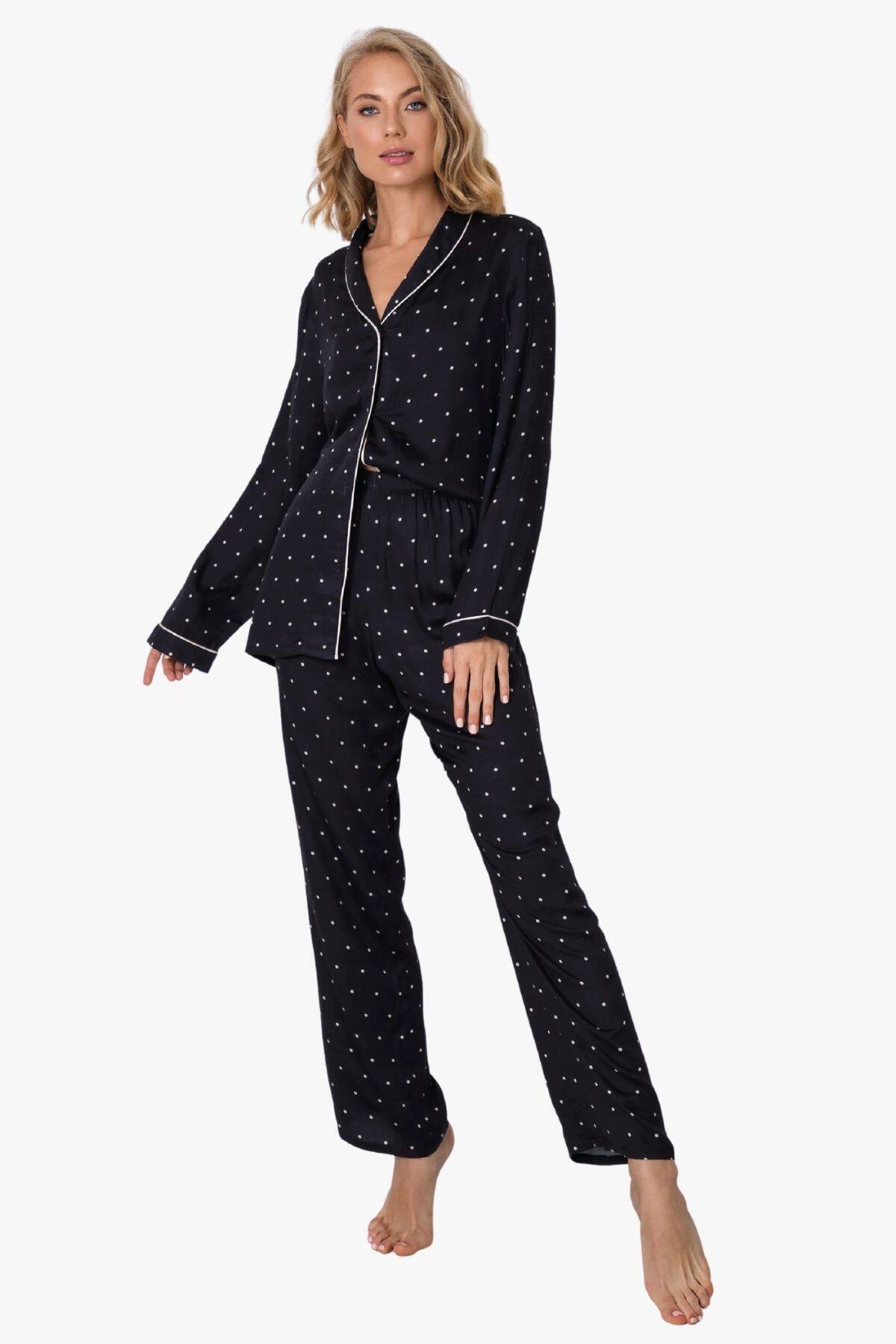 Пижама женская с брюками ARUELLE Anne pajama long black, черный в горошек вид 0
