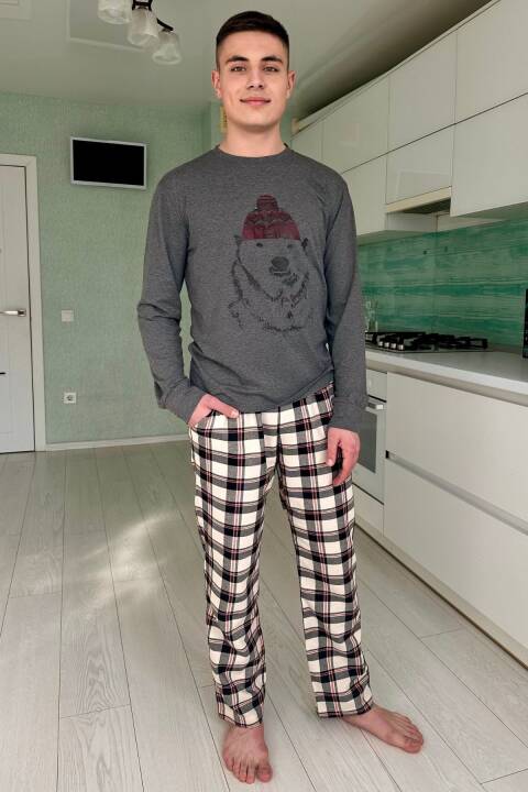 Піжама чоловіча, Ведмідь на сірий, чорно-біла клітинка 