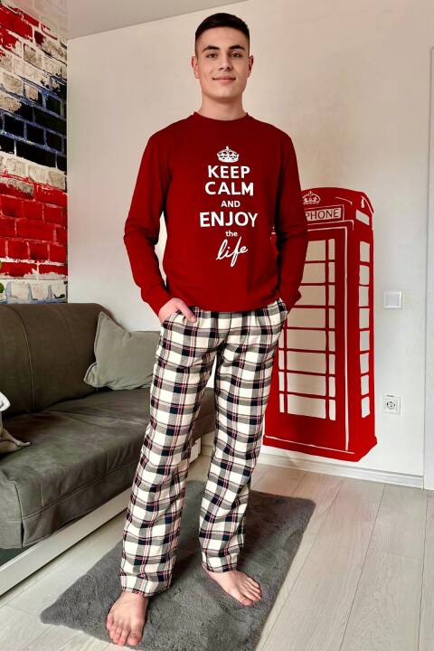 Піжама чоловіча, Марсала з написом, чорно-біла клітинка 