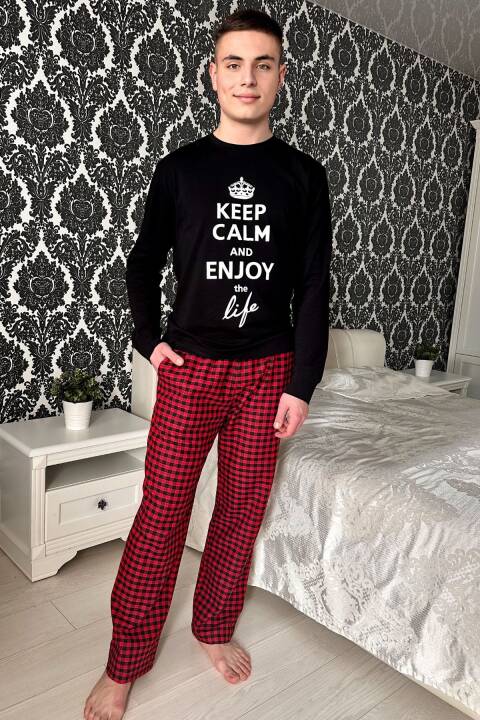 Піжама чоловіча, Чорний з написом, червоно-чорна клітинка 