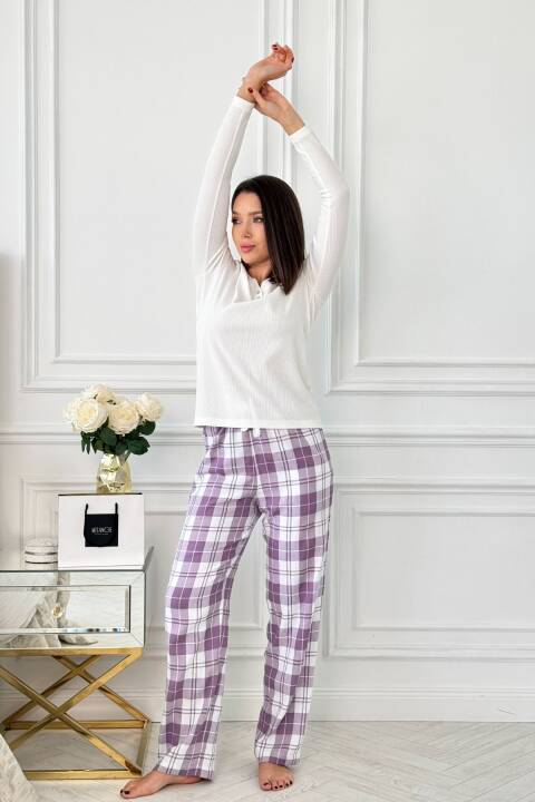 Піжама жіноча тепла, Молочний + бузкова клітина 