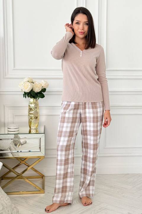 Піжама жіноча тепла, Бежевий + бежева клітка 