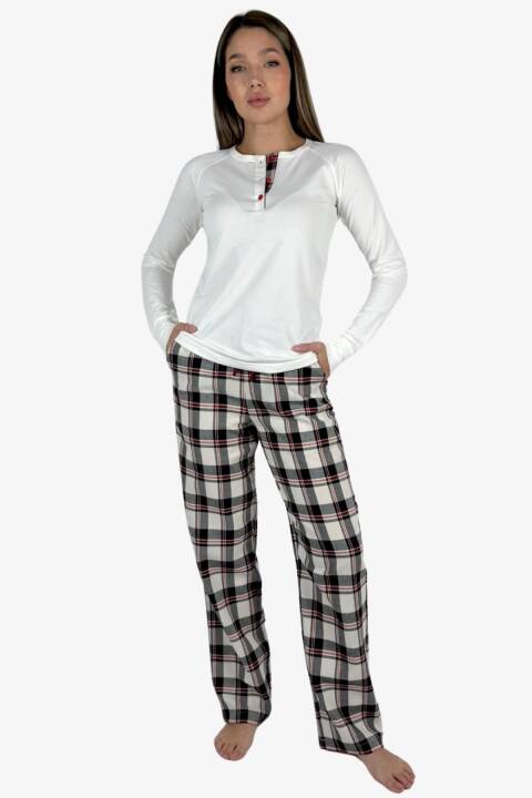 Піжама жіноча тепла, Молочний + клітка з червоною смугою 