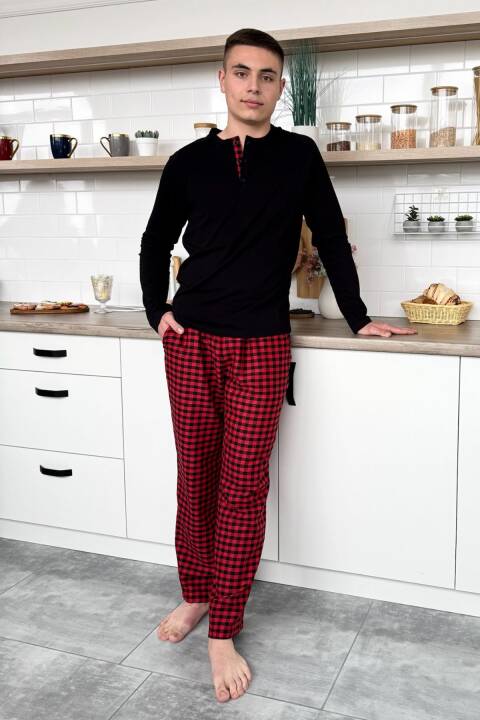 Пижама мужская , Черный, красно-черная клетка 